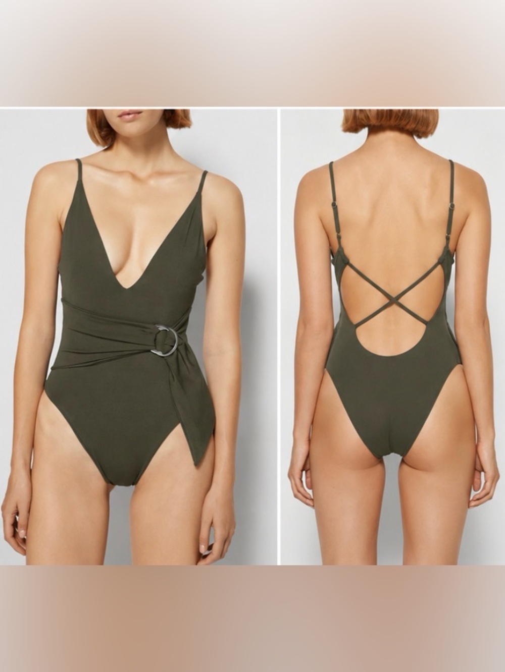 SIMKHAI Niya Deep V Tie Waist One Piece Swimsuit Olive green designer swim M